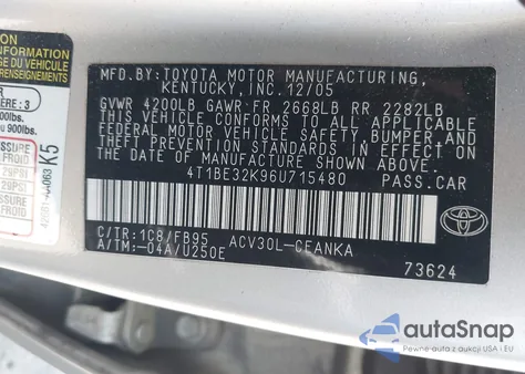 2006 Toyota Camry Std из США, поврежденный, VIN 4T1BE32K96U715480